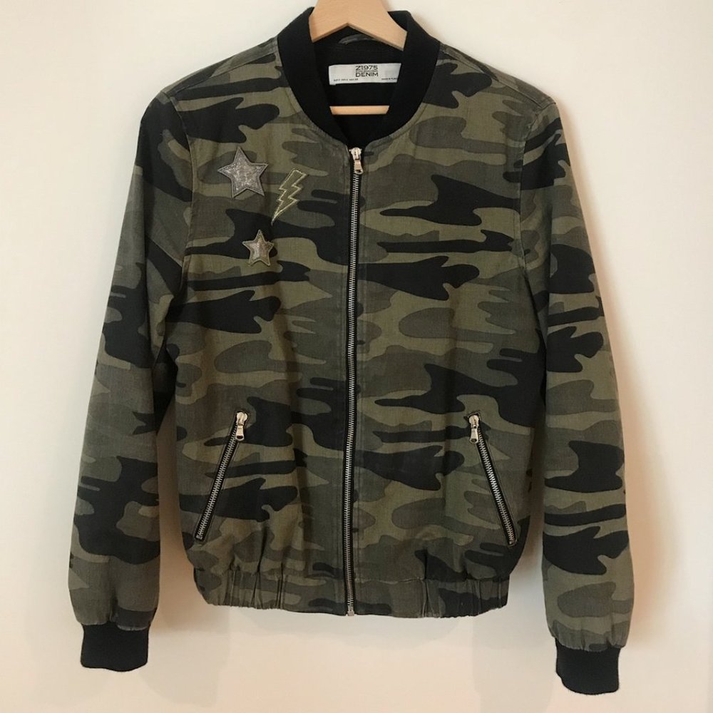 Zara Camo Bomber Jacket With Patches